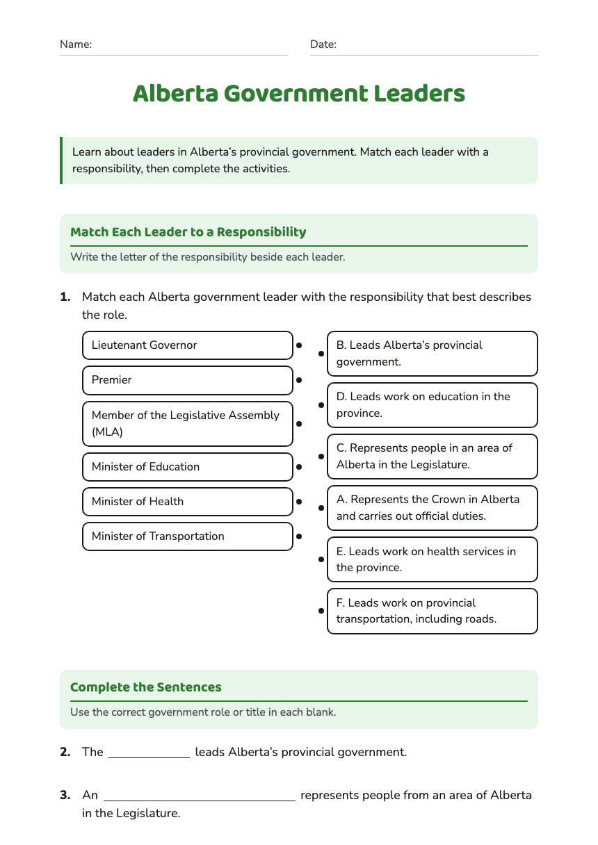 Alberta Government Leaders worksheet preview