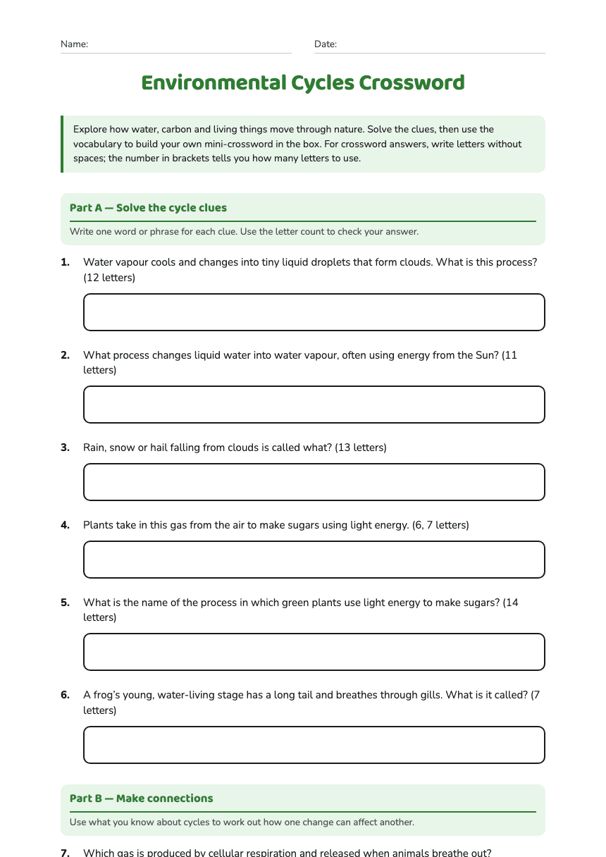 Environmental Cycles Crossword worksheet preview