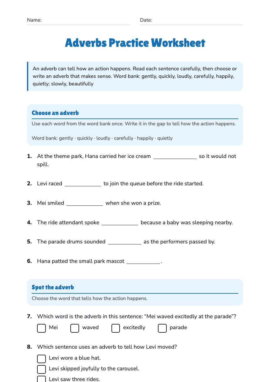 Adverbs Practice Worksheet worksheet preview