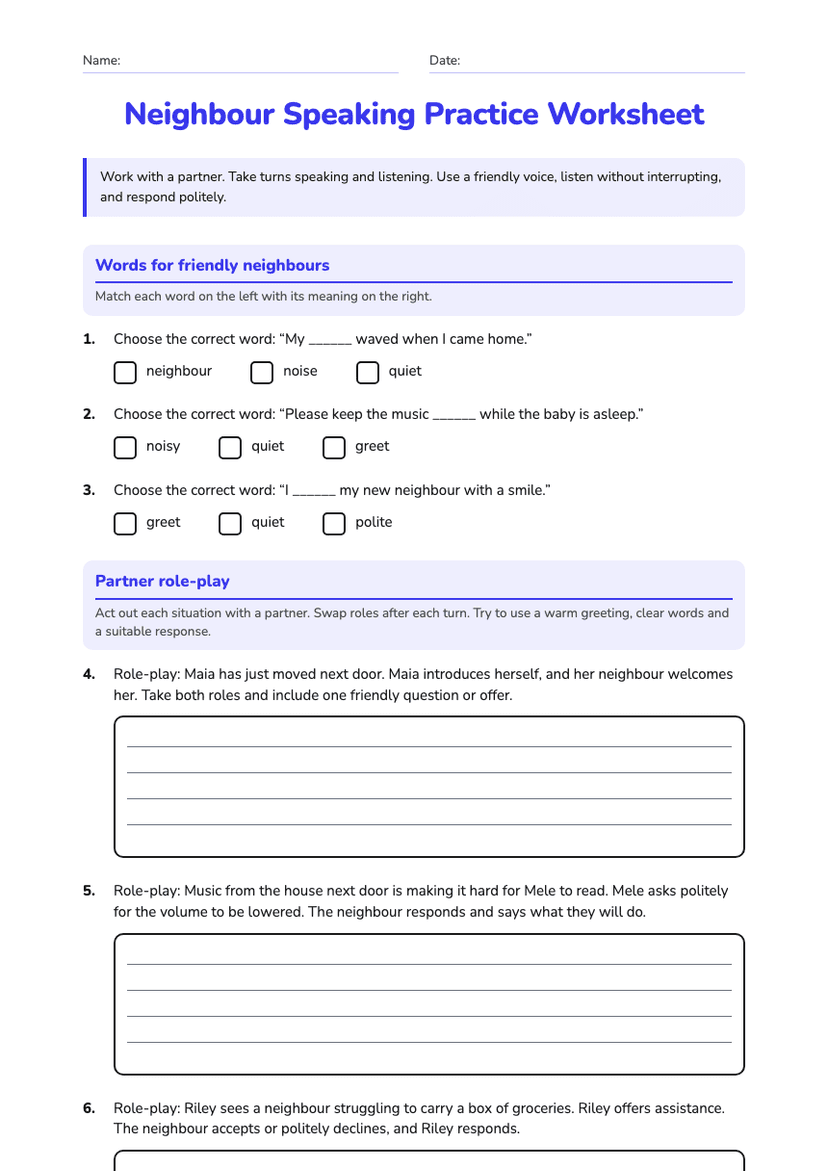 Neighbour Speaking Practice Worksheet