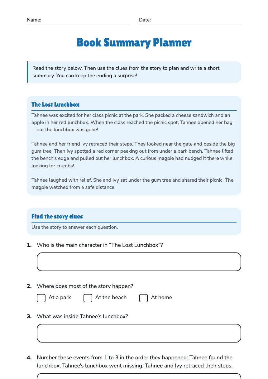 Book Summary Planner worksheet preview