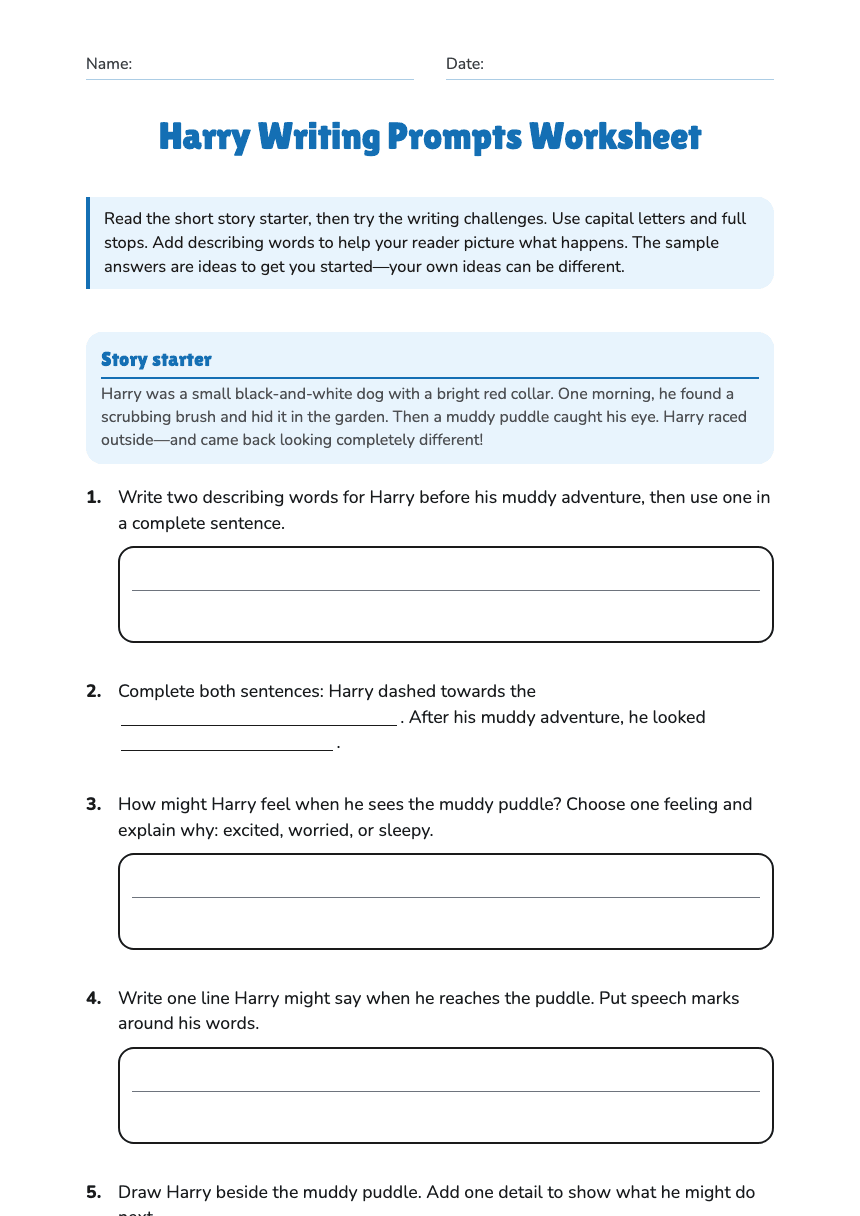 Harry Writing Prompts Worksheet worksheet preview