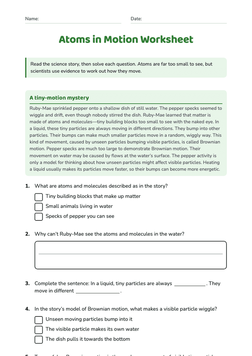 Atoms in Motion Worksheet
