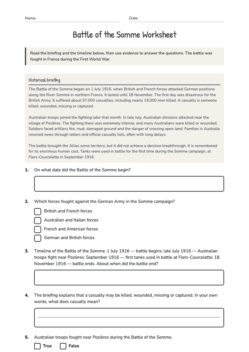 Battle of the Somme Worksheet