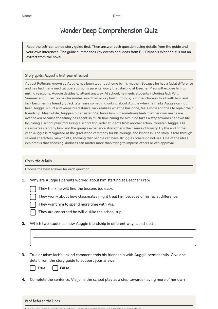 Wonder Deep Comprehension Quiz worksheet preview