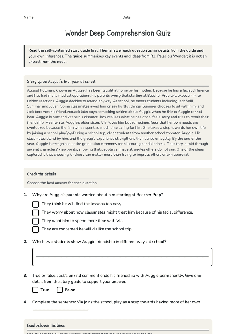 Wonder Deep Comprehension Quiz
