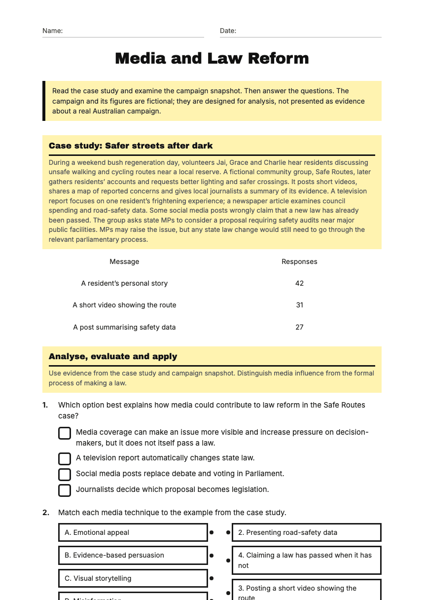 Media and Law Reform worksheet preview
