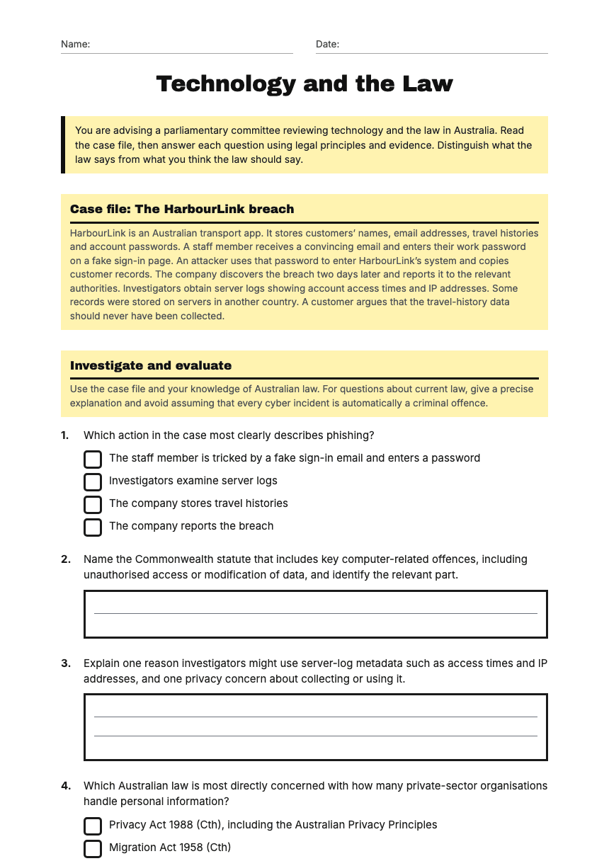 Technology and the Law worksheet preview