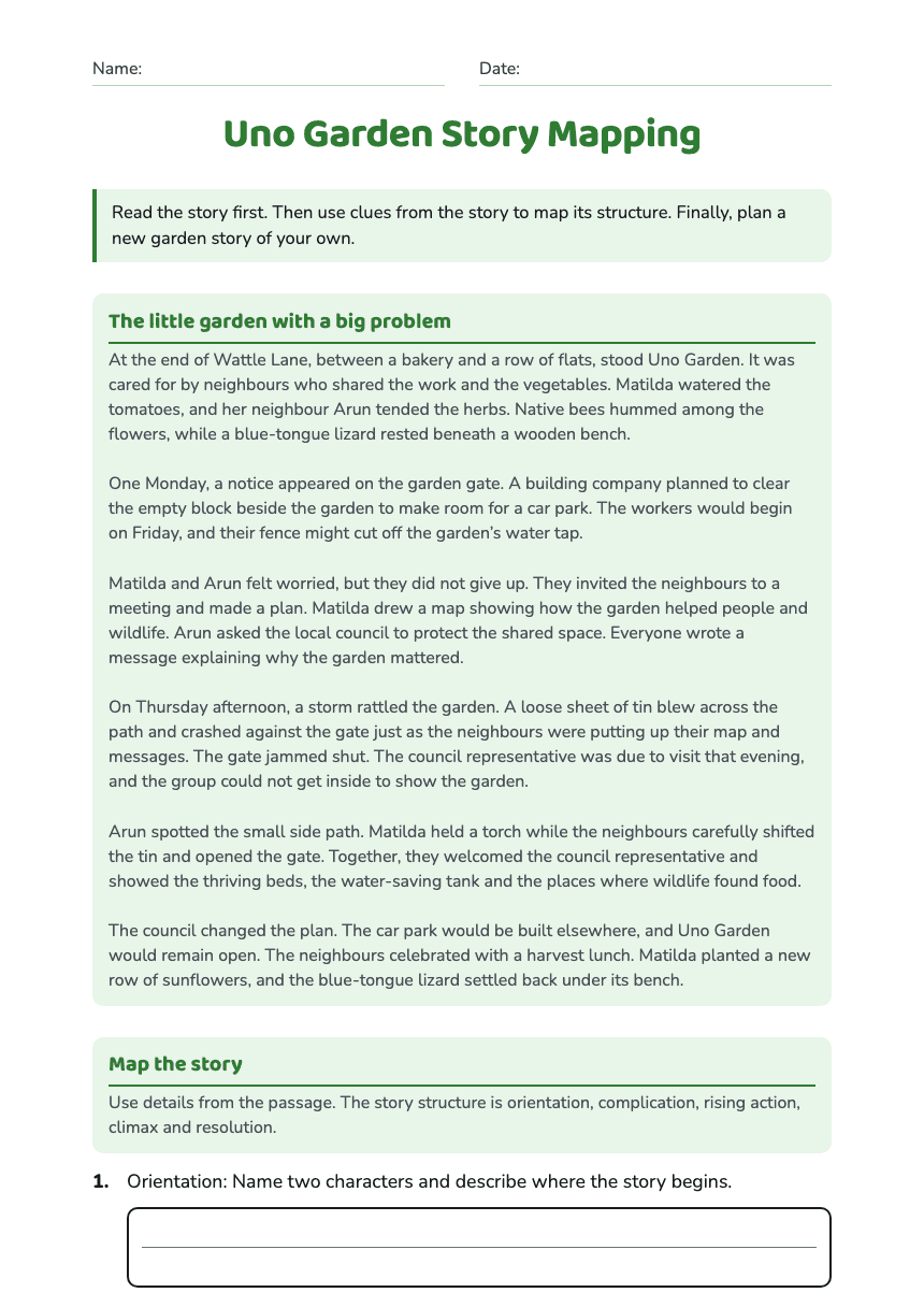 Uno Garden Story Mapping worksheet preview