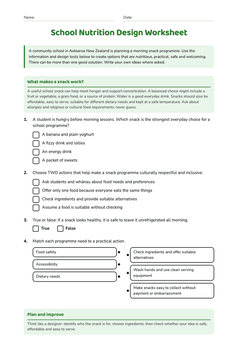 School Nutrition Design Worksheet