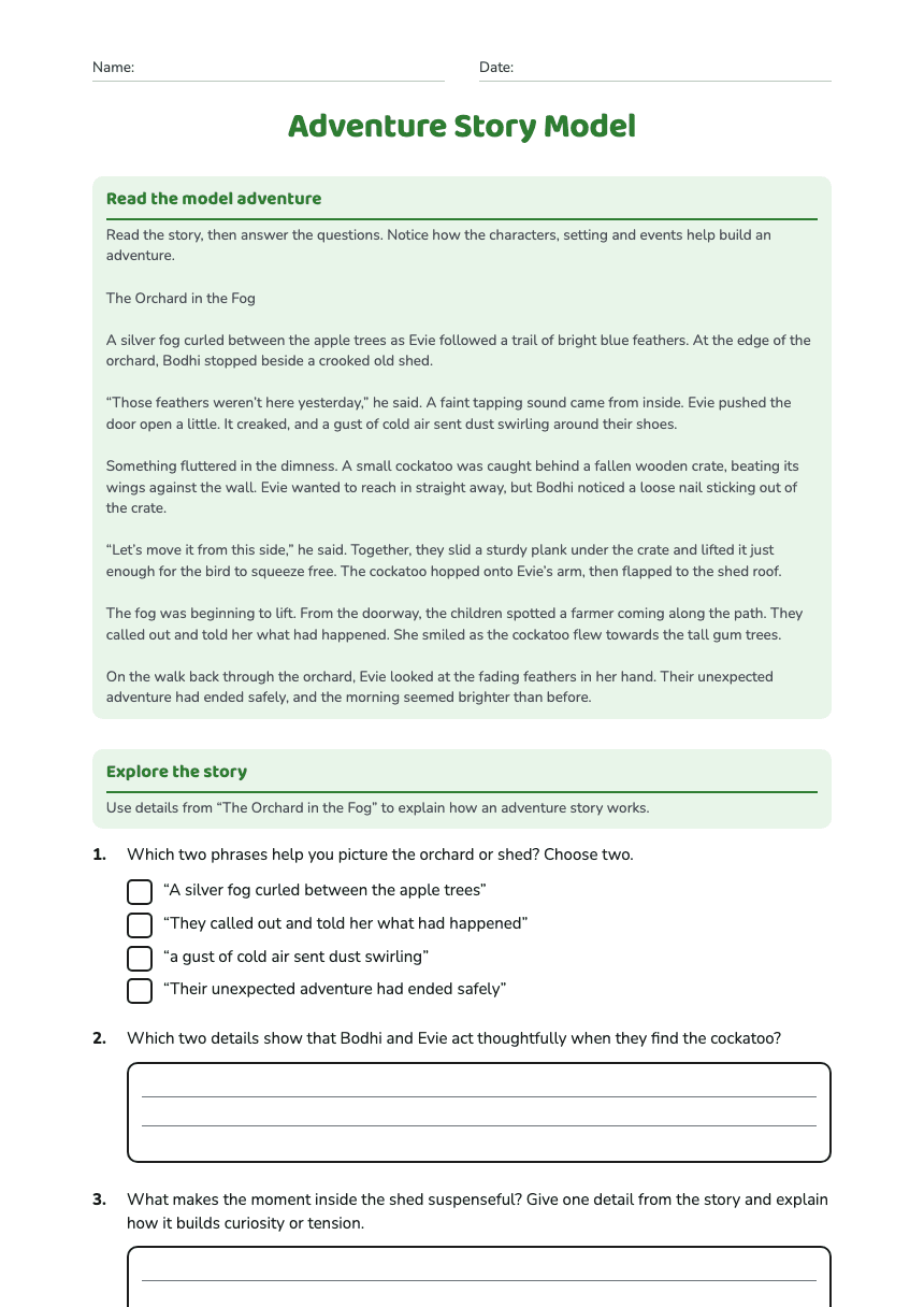 Adventure Story Model worksheet preview