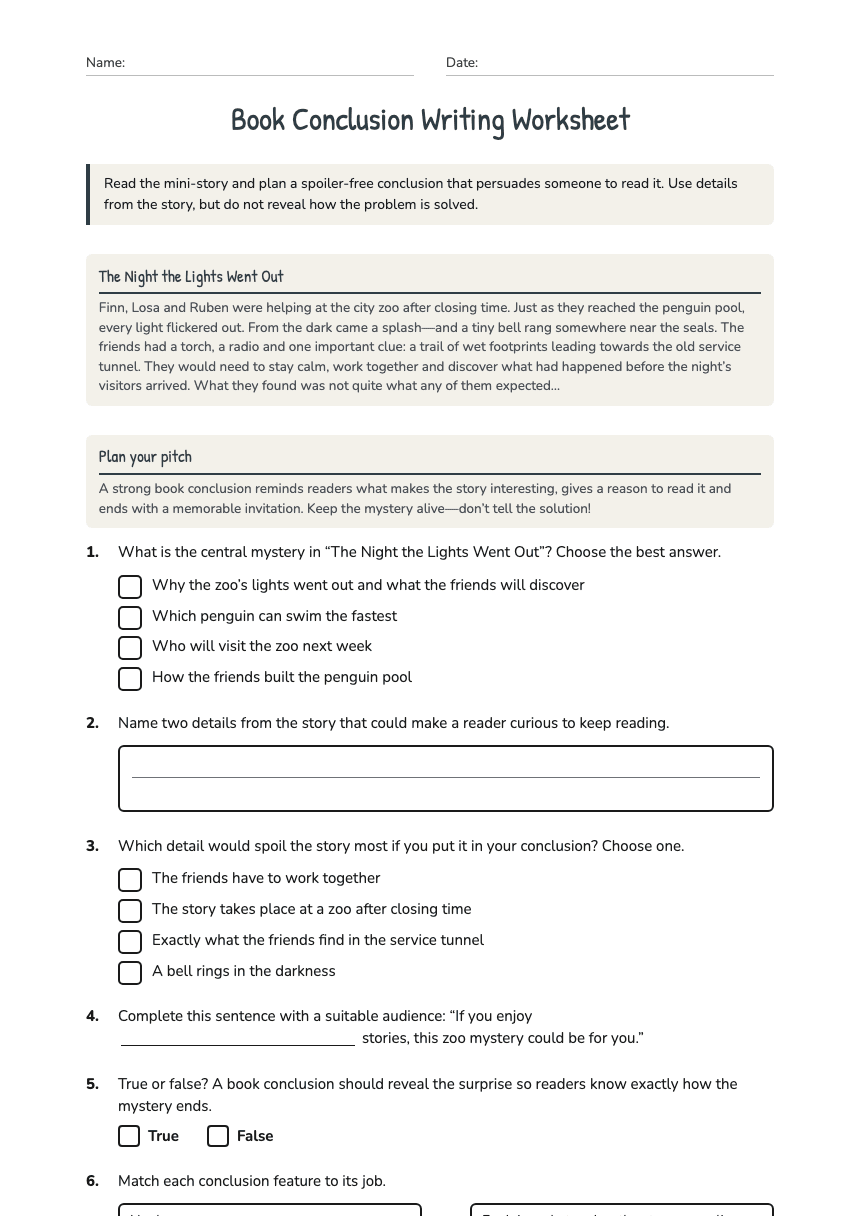 Book Conclusion Writing Worksheet worksheet preview