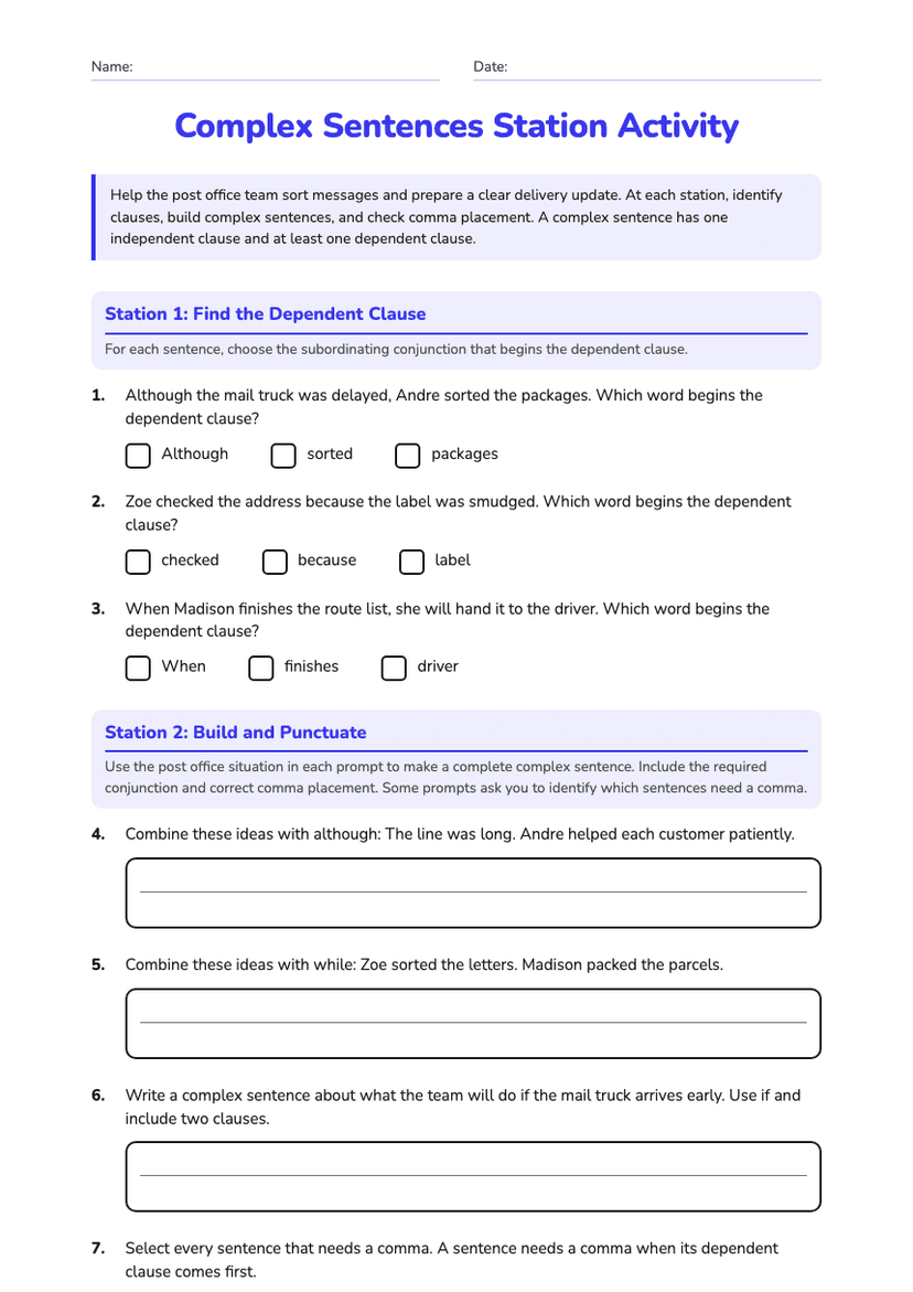 Complex Sentences Station Activity