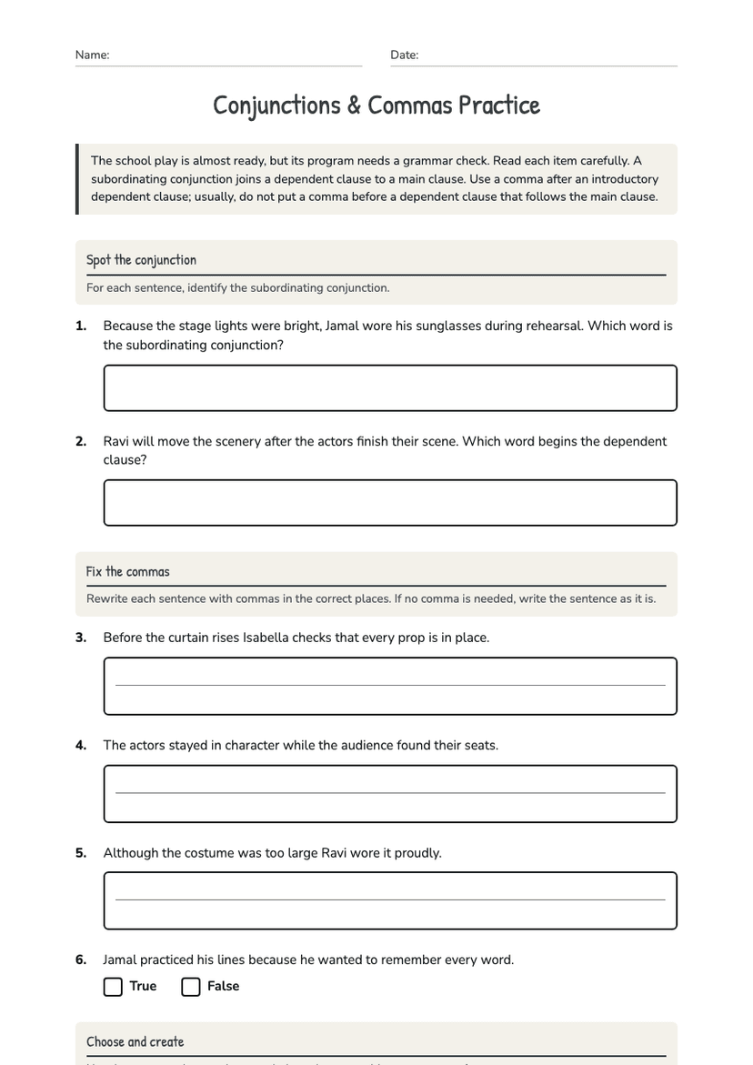 Conjunctions & Commas Practice