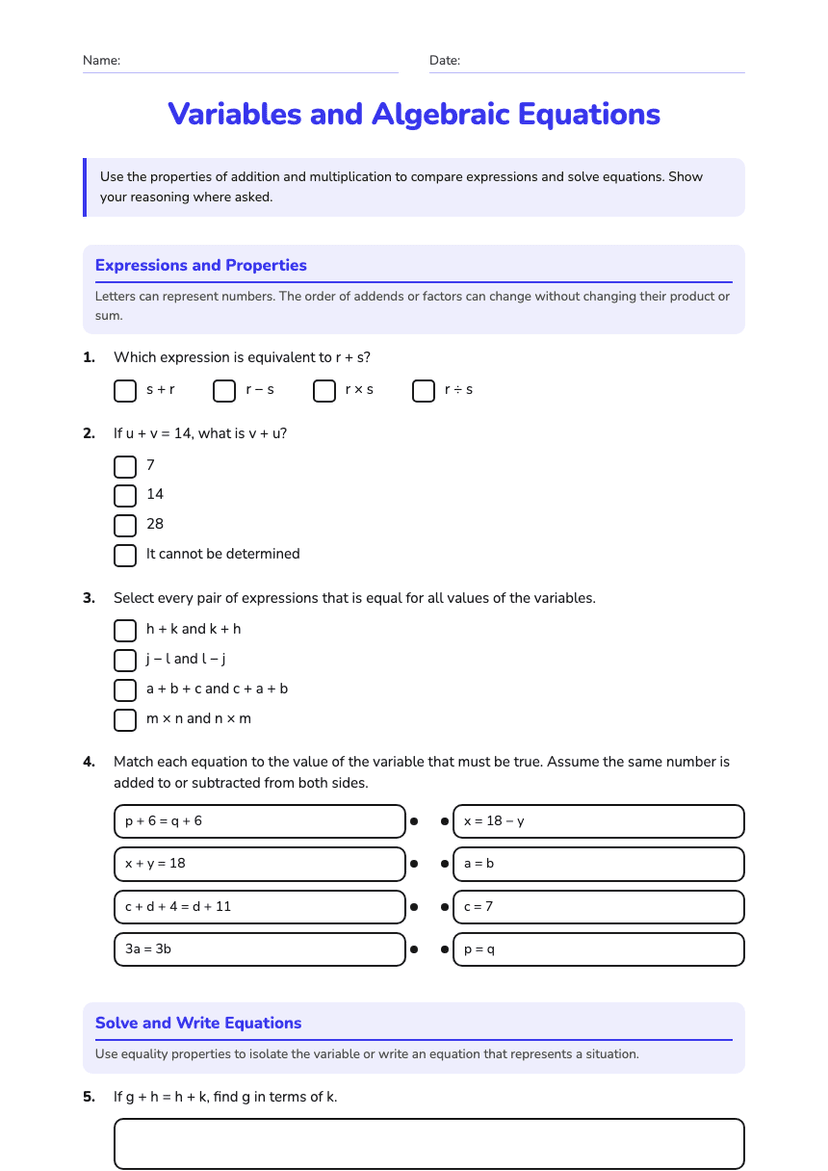 Variables and Algebraic Equations
