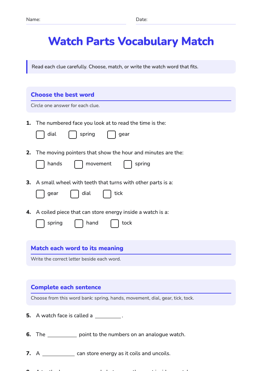 Watch Parts Vocabulary Match worksheet preview