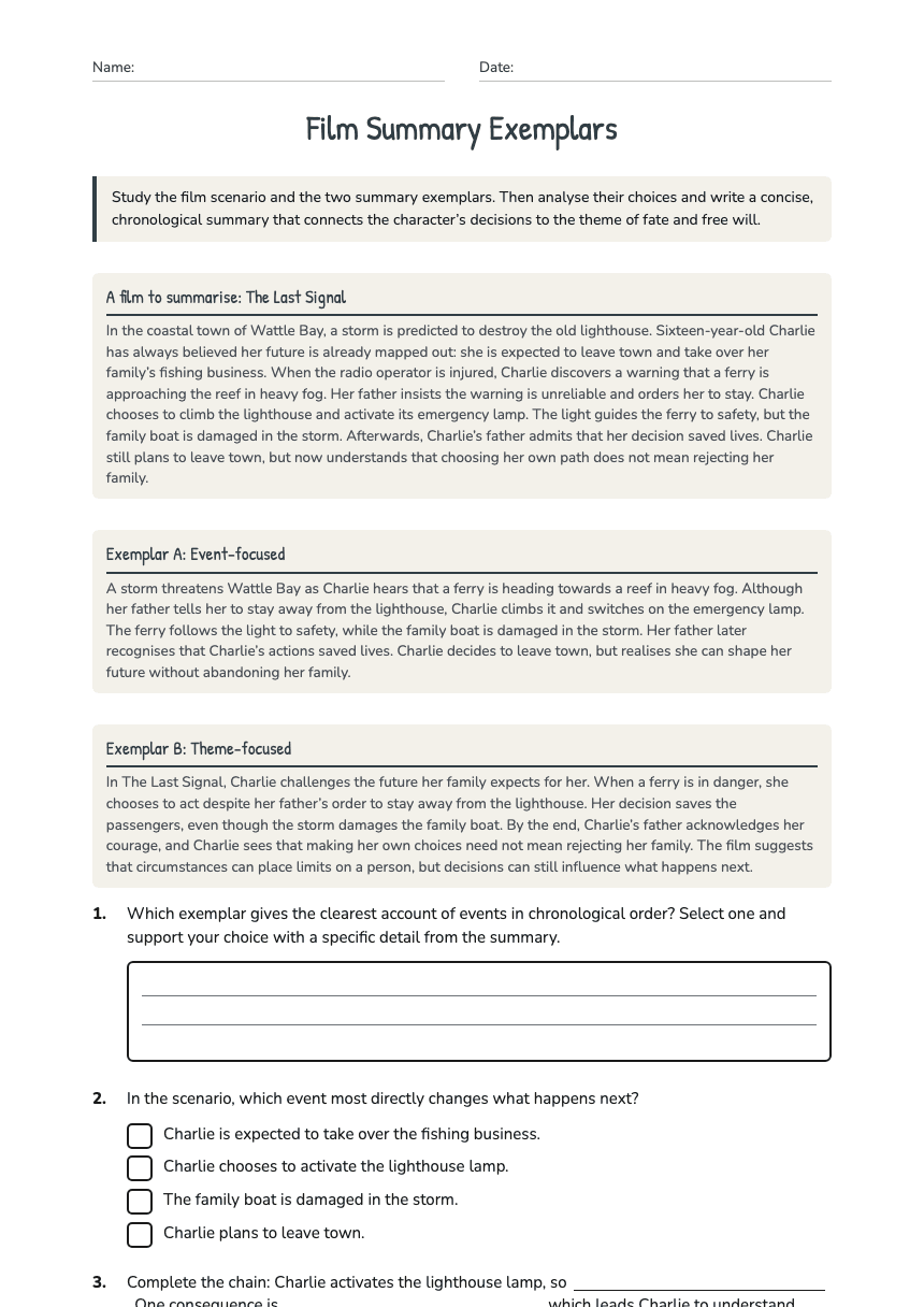 Film Summary Exemplars worksheet preview