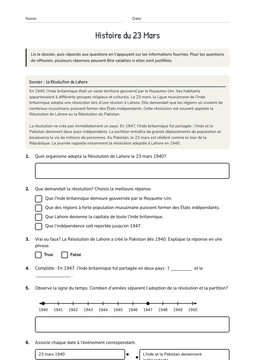 Histoire du 23 Mars worksheet preview
