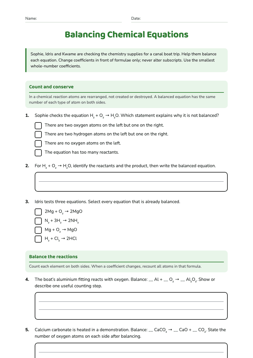 Balancing Chemical Equations worksheet preview