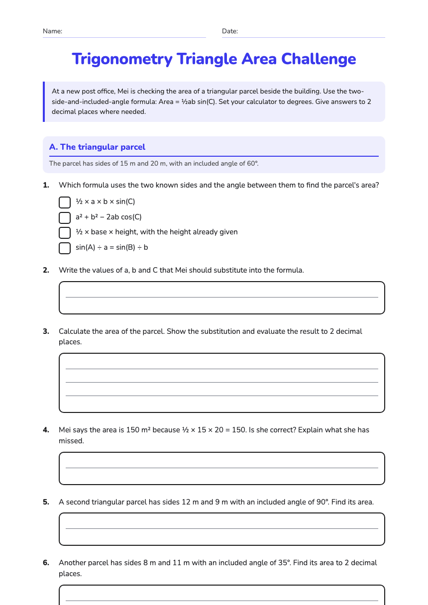 Trigonometry Triangle Area Challenge worksheet preview
