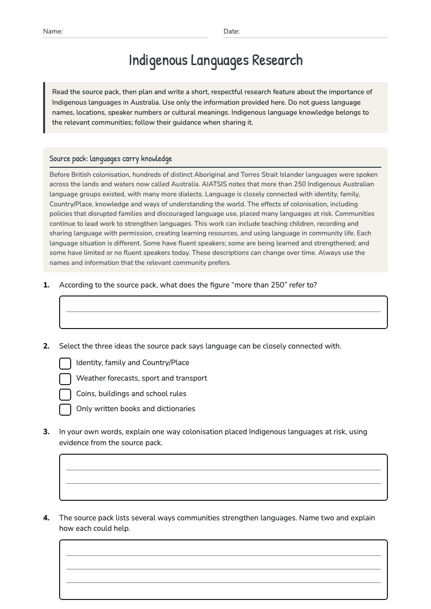 Indigenous Languages Research worksheet preview