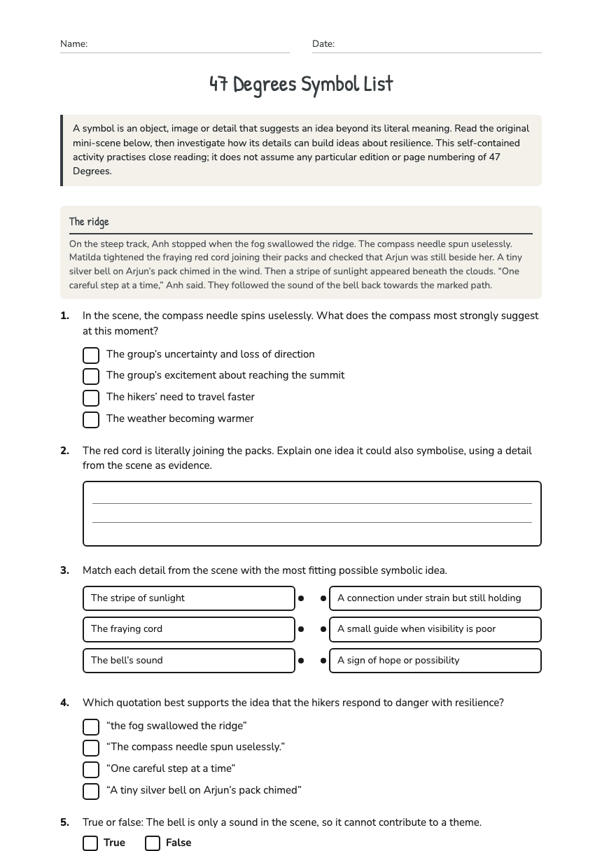 47 Degrees Symbol List worksheet preview