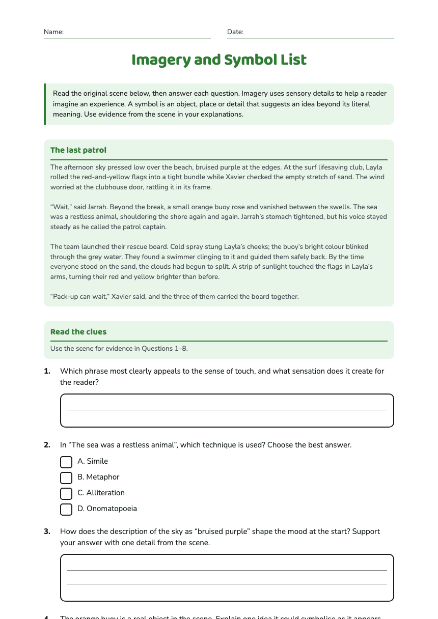 Imagery and Symbol List worksheet preview