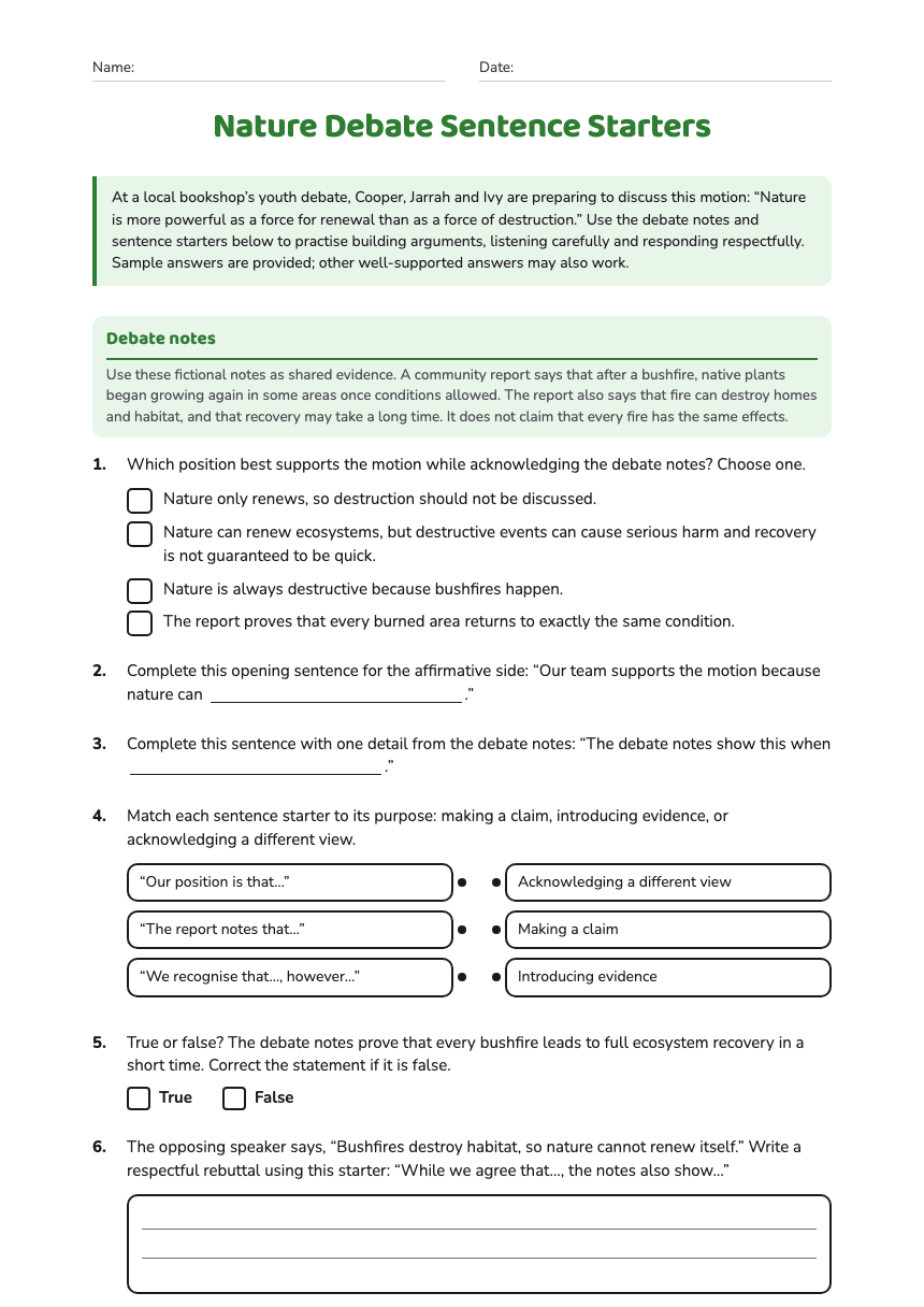 Nature Debate Sentence Starters worksheet preview