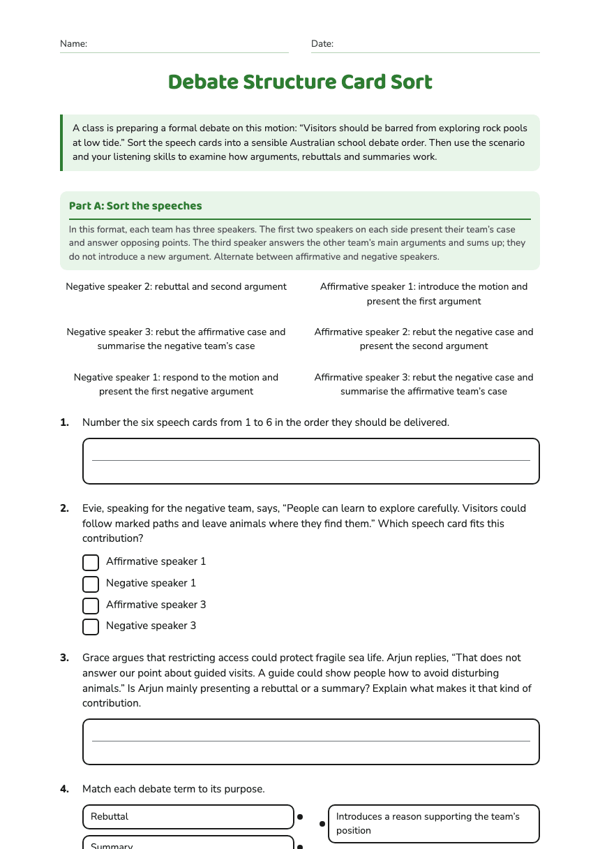 Debate Structure Card Sort worksheet preview