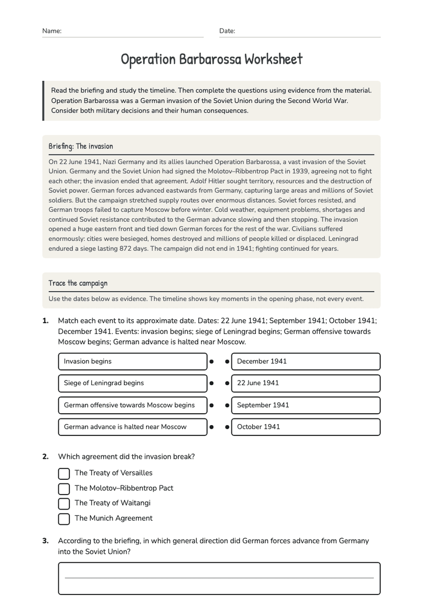 Operation Barbarossa Worksheet