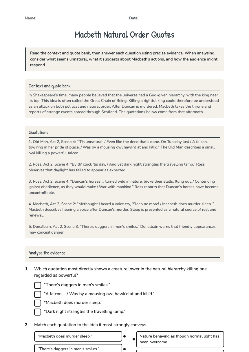 Macbeth Natural Order Quotes worksheet preview