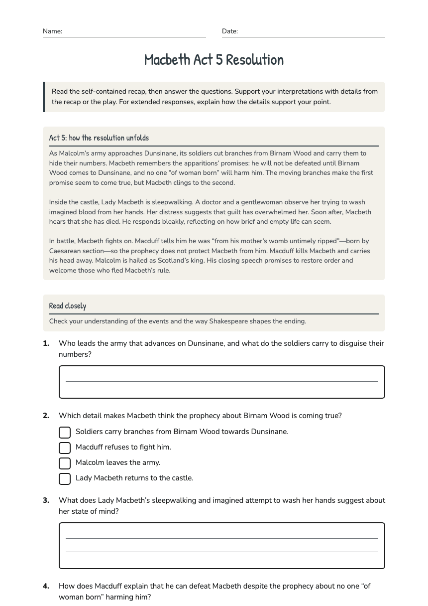 Macbeth Act 5 Resolution worksheet preview