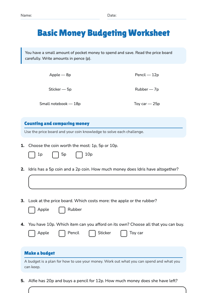 Basic Money Budgeting Worksheet worksheet preview