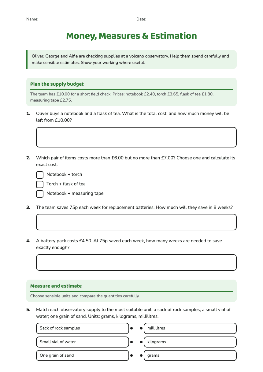 Money, Measures & Estimation worksheet preview
