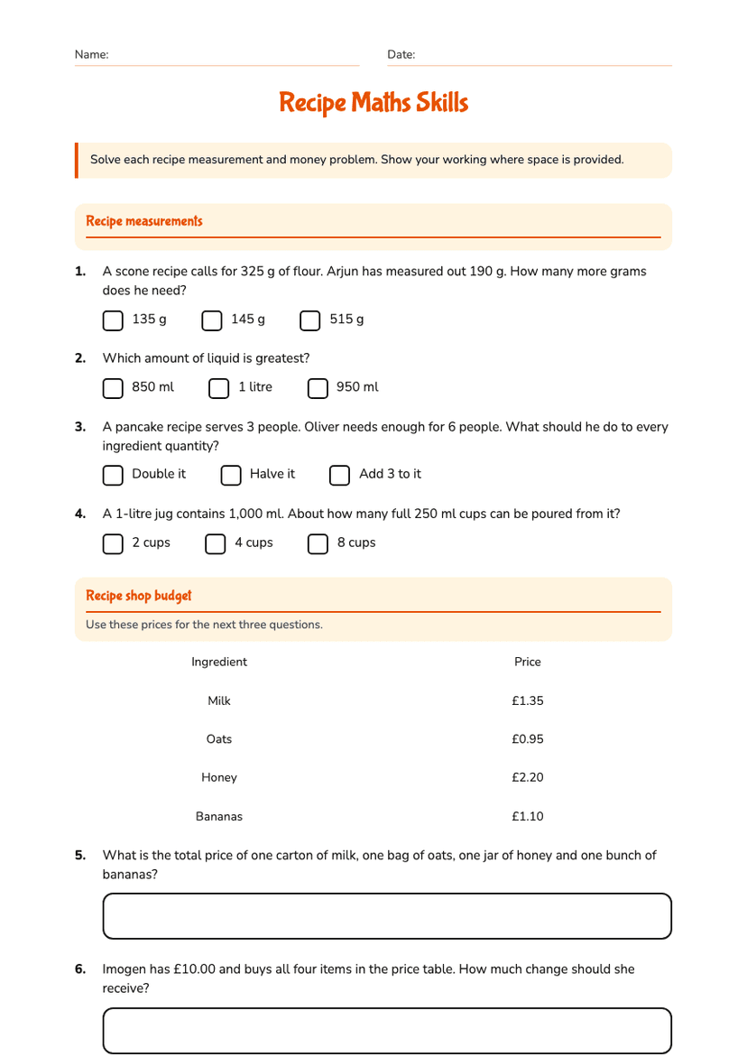 Recipe Maths Skills