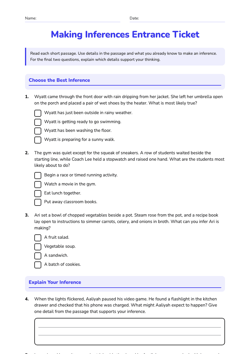 Making Inferences Entrance Ticket worksheet preview