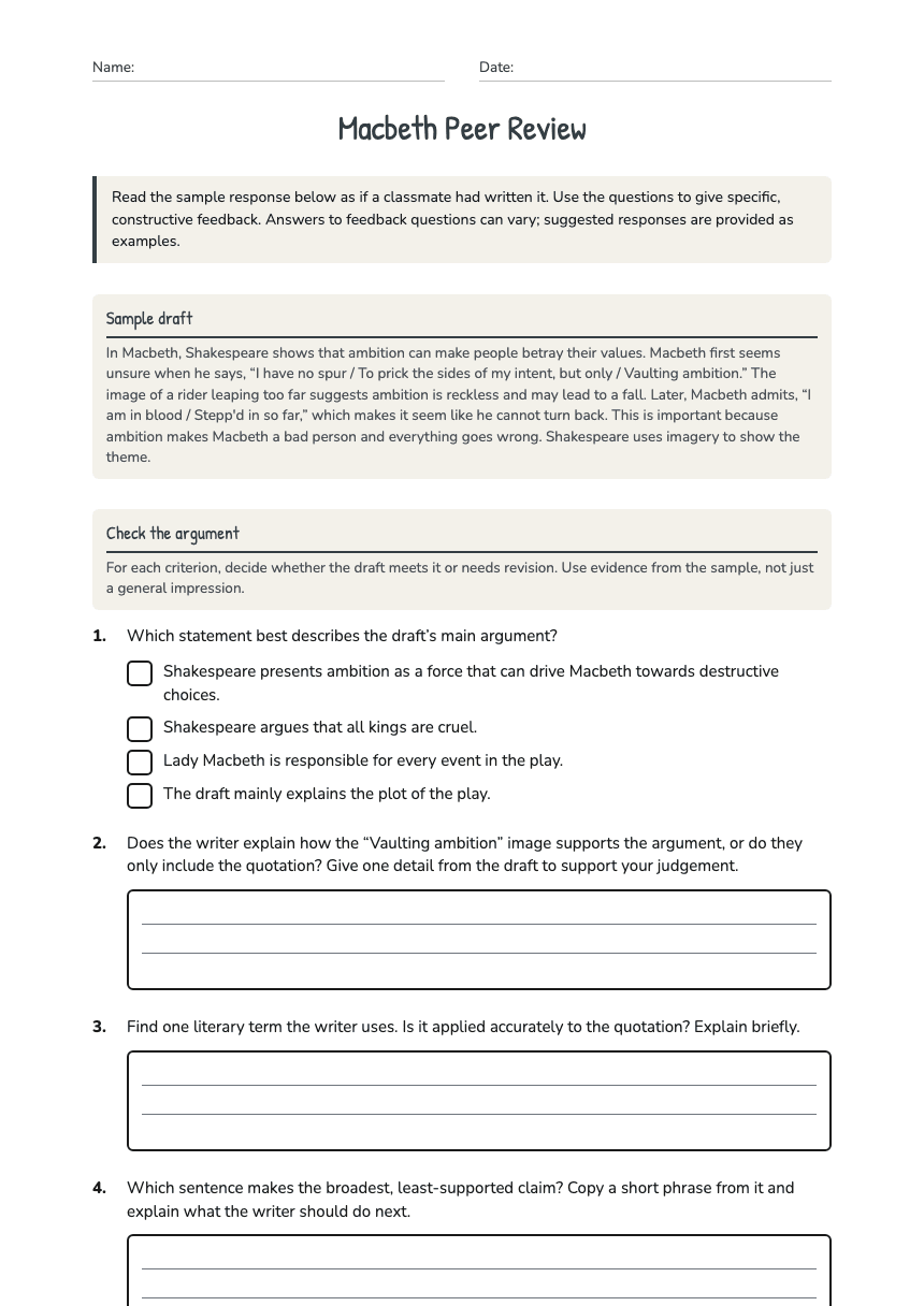 Macbeth Peer Review worksheet preview