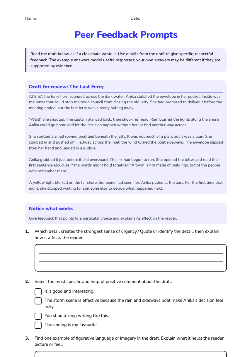 Peer Feedback Prompts worksheet preview