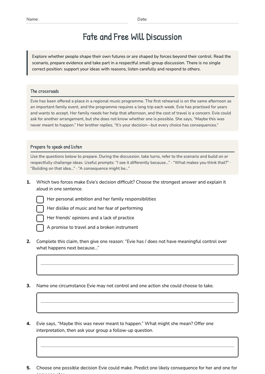 Fate and Free Will Discussion worksheet preview