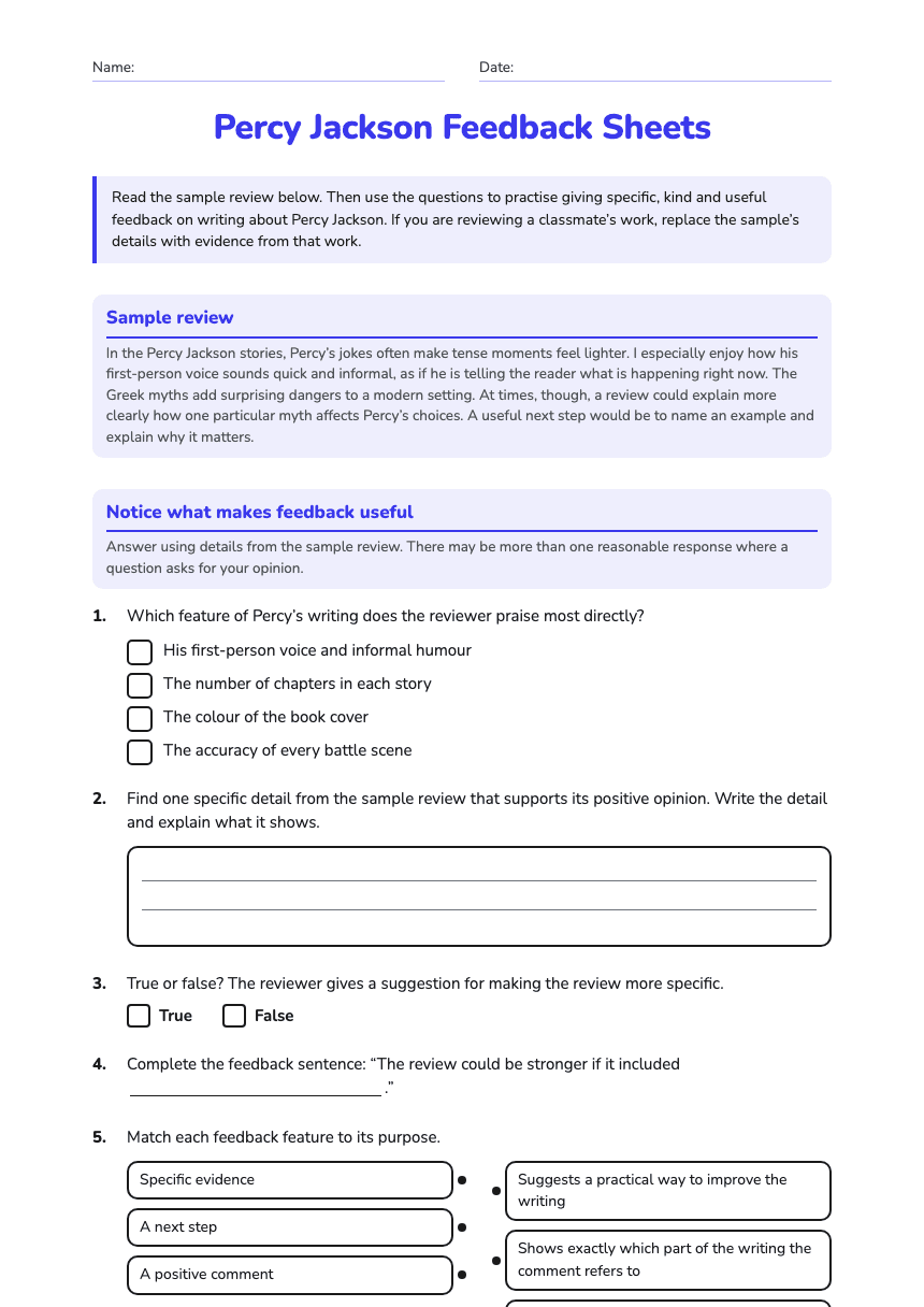 Percy Jackson Feedback Sheets worksheet preview