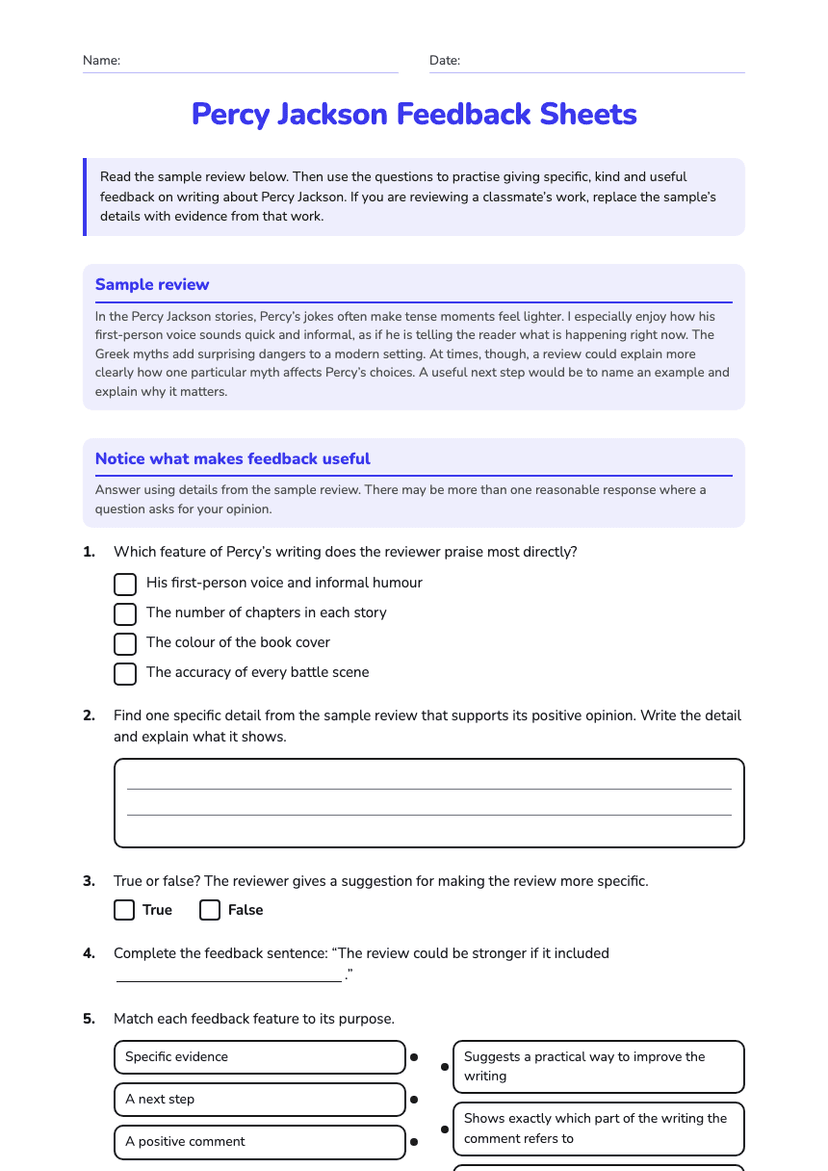 Percy Jackson Feedback Sheets