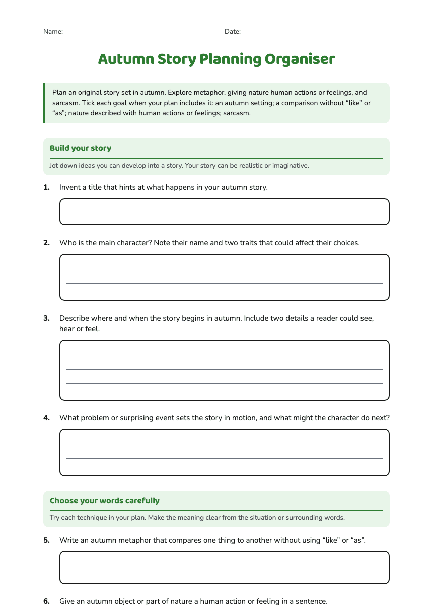 Autumn Story Planning Organiser worksheet preview