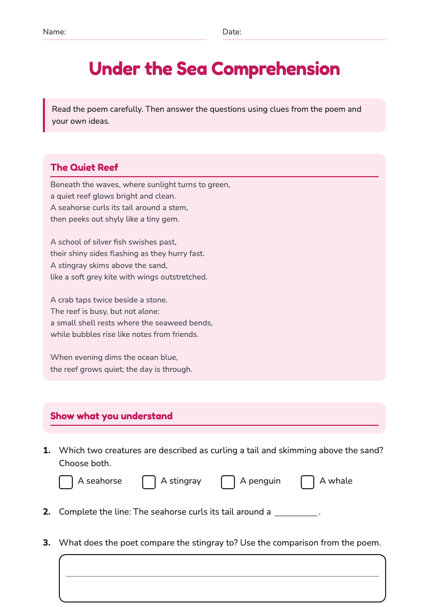 Under the Sea Comprehension worksheet preview