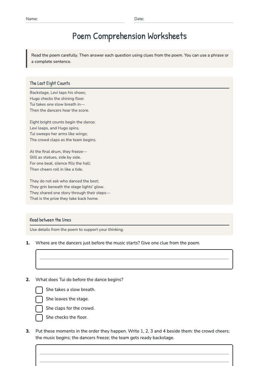 Poem Comprehension Worksheets worksheet preview