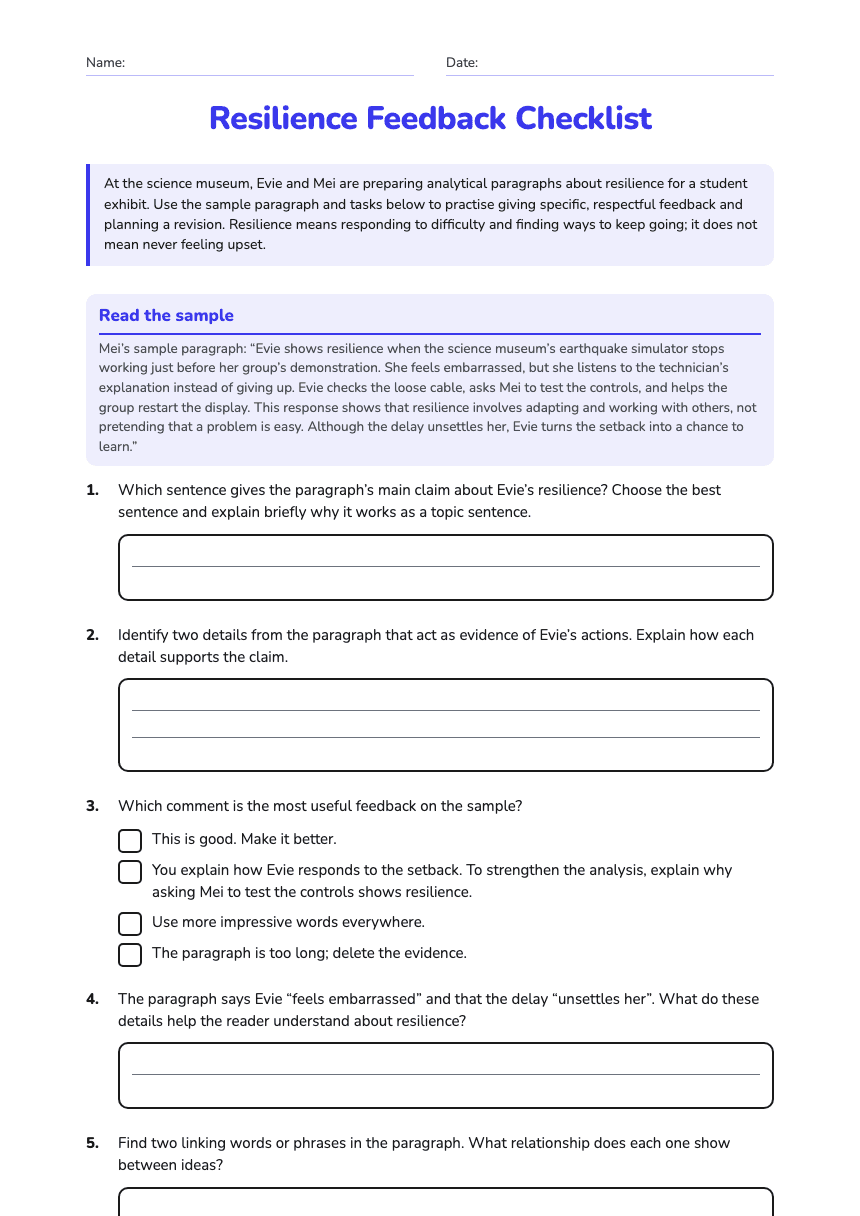 Resilience Feedback Checklist worksheet preview