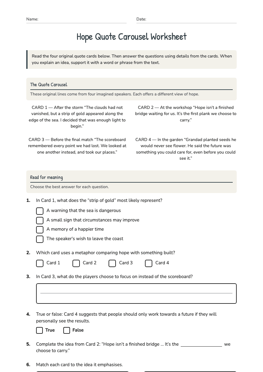 Hope Quote Carousel Worksheet worksheet preview