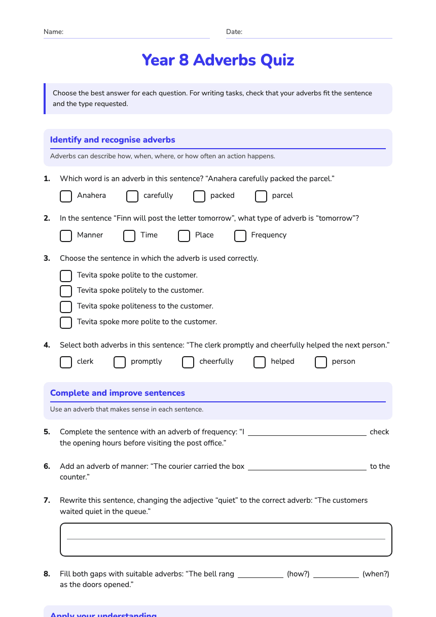 Year 8 Adverbs Quiz worksheet preview