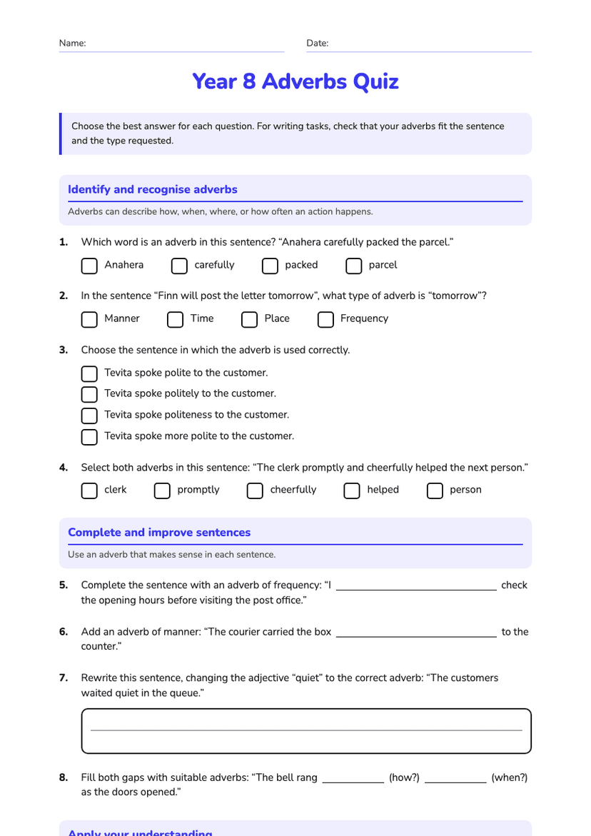 Year 8 Adverbs Quiz
