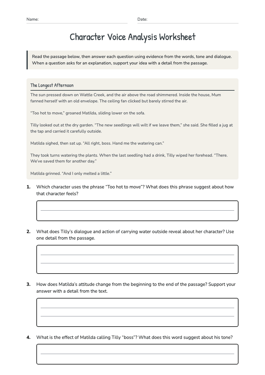Character Voice Analysis Worksheet worksheet preview