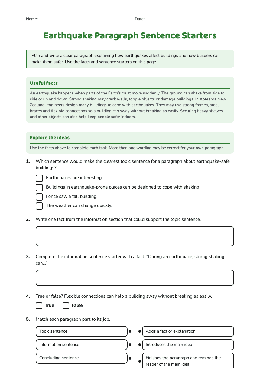 Earthquake Paragraph Sentence Starters worksheet preview